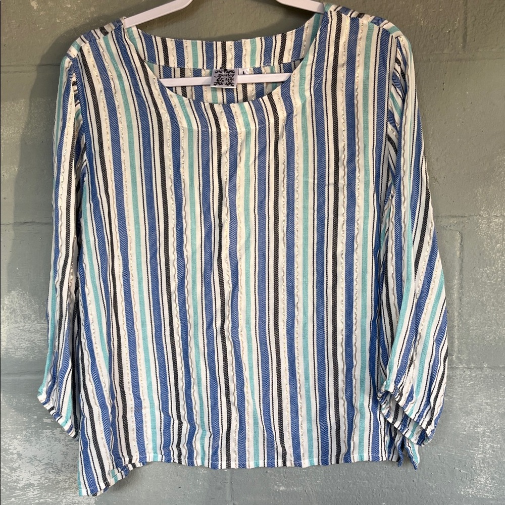 Pastel Blue Top with Metallic Stripe Flowy Summer Boho Rayon Casual Dress Shirt